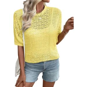 imageEVALESS Womens Crochet Tops Short Sleeve Hollow Out Knit Sweater Spring Summer Trendy Lightweight Casual Vacation ClothesYellow Cream