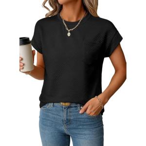 imageEVALESS Womens Summer Tops Crewneck Cap Sleeve Dressy Casual Business Textured Solid Loose Basic T Shirts Tee BlousesBlack