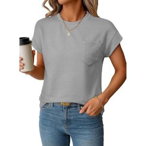 imageEVALESS Womens Summer Tops Crewneck Cap Sleeve Dressy Casual Business Textured Solid Loose Basic T Shirts Tee BlousesGrey