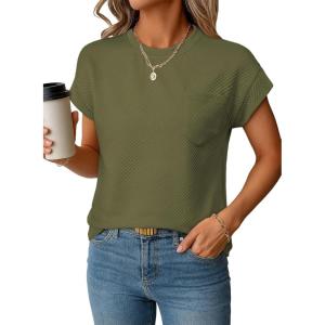 imageEVALESS Womens Summer Tops Crewneck Cap Sleeve Dressy Casual Business Textured Solid Loose Basic T Shirts Tee BlousesJungle Green