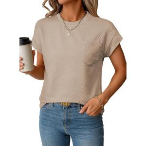 imageEVALESS Womens Summer Tops Crewneck Cap Sleeve Dressy Casual Business Textured Solid Loose Basic T Shirts Tee BlousesTaupe