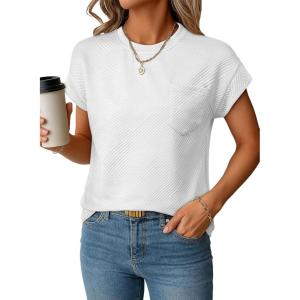 imageEVALESS Womens Summer Tops Crewneck Cap Sleeve Dressy Casual Business Textured Solid Loose Basic T Shirts Tee BlousesWhite