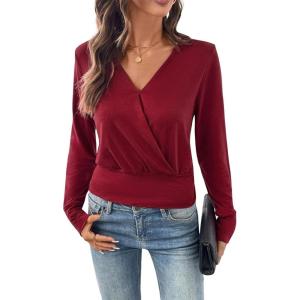imageEVALESS Womens Tops Spring Cross Wrap V Neck Blouses Dressy Casual Long Sleeve Shirts Trendy 2026Red Dahlia