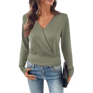 imageEVALESS Womens Tops Spring Cross Wrap V Neck Blouses Dressy Casual Long Sleeve Shirts Trendy 2026Seagrass
