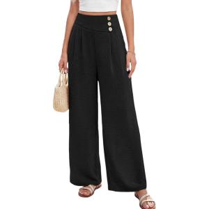 imageEVALESS Womens High Waisted Button Pleated Wide Leg Pants Beach Vacation TrousesBlack