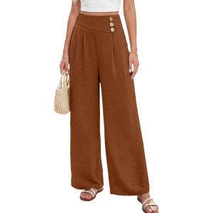 imageEVALESS Womens High Waisted Button Pleated Wide Leg Pants Beach Vacation TrousesChestnut