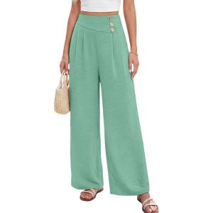 imageEVALESS Womens High Waisted Button Pleated Wide Leg Pants Beach Vacation TrousesSmoke Green