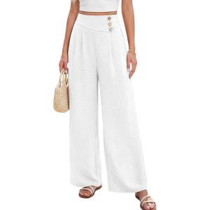imageEVALESS Womens High Waisted Button Pleated Wide Leg Pants Beach Vacation TrousesWhite