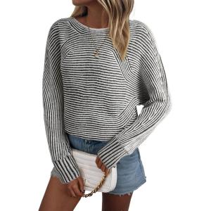 imageEVALESS Striped Sweaters for Women Boat Neck Batwing Sleeve Oversized Pullover Sweater Tops Womens Fall Clothes OutfitsBlack