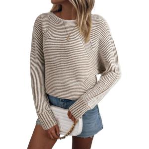 imageEVALESS Striped Sweaters for Women Boat Neck Batwing Sleeve Oversized Pullover Sweater Tops Womens Fall Clothes OutfitsLight French Beige