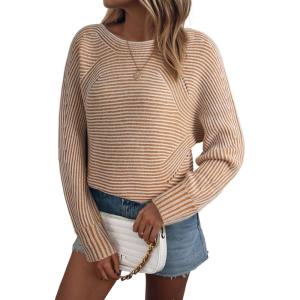 imageEVALESS Striped Sweaters for Women Boat Neck Batwing Sleeve Oversized Pullover Sweater Tops Womens Fall Clothes OutfitsPale Khaki