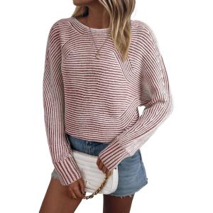 imageEVALESS Striped Sweaters for Women Boat Neck Batwing Sleeve Oversized Pullover Sweater Tops Womens Fall Clothes OutfitsRed Dahlia