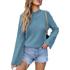 imageEVALESS Women Sweater Long Sleeve Mock Neck Oversized Ribbed Knit Pullover Winter Loose Fit Pleated Sweaters Tops S2XLHaze Blue
