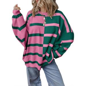 imageEVALESS Womens Striped Sweaters Long Sleeve Cable Knitted Color Block Casual Loose Lightweight Oversized Sweaters PulloverB Rose Red Stripe