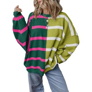 imageEVALESS Womens Striped Sweaters Long Sleeve Cable Knitted Color Block Casual Loose Lightweight Oversized Sweaters PulloverBlackish Green