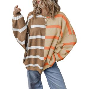 imageEVALESS Womens Striped Sweaters Long Sleeve Cable Knitted Color Block Casual Loose Lightweight Oversized Sweaters PulloverBreen