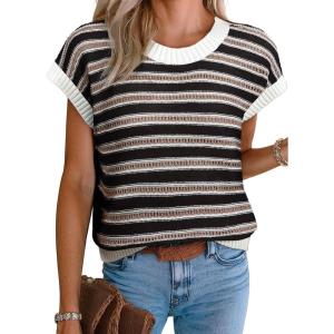 imageEVALESS Womens Sweater Vest Striped Pullover Tank Top Round Neck Cap Sleeve Lightweight 2025 Summer Casual ClothesDusty Black Stripe
