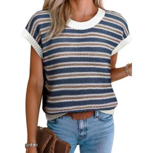 imageEVALESS Womens Sweater Vest Striped Pullover Tank Top Round Neck Cap Sleeve Lightweight 2025 Summer Casual ClothesDusty Blue Stripe