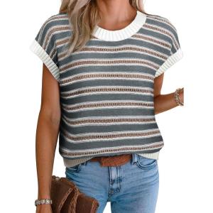 imageEVALESS Womens Sweater Vest Striped Pullover Tank Top Round Neck Cap Sleeve Lightweight 2025 Summer Casual ClothesDusty Gray Stripe