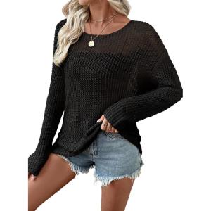 imageEVALESS Womens Sweaters Casual 2026 Spring Summer Crochet Hollow Out Tops Crewneck Long Sleeve Beach Cover Ups Cruise OutfitsBlack