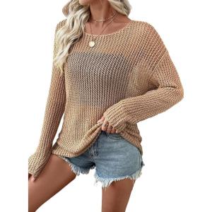 imageEVALESS Womens Sweaters Casual 2026 Spring Summer Crochet Hollow Out Tops Crewneck Long Sleeve Beach Cover Ups Cruise OutfitsCamel