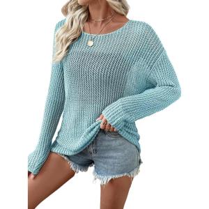 imageEVALESS Womens Sweaters Casual 2026 Spring Summer Crochet Hollow Out Tops Crewneck Long Sleeve Beach Cover Ups Cruise OutfitsSky Blue