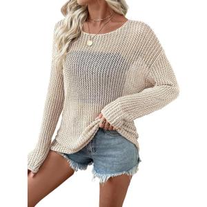 imageEVALESS Womens Sweaters Casual 2026 Spring Summer Crochet Hollow Out Tops Crewneck Long Sleeve Beach Cover Ups Cruise OutfitsWhite