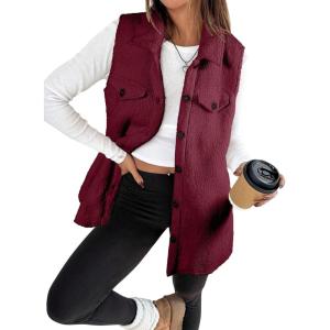 imageEVALESS Womens Warm Sherpa Fleece Sleeveless Button Down Long Vest Sherpa Jackets Coat OuterwearBurgundy