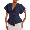 imageEVALESS Womens Denim Shirts Short Sleeve Button Down Shirts Spring Summer Tops V Neck Work Blouses Asymmetrical Jean JacketSail Blue