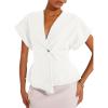imageEVALESS Womens Denim Shirts Short Sleeve Button Down Shirts Spring Summer Tops V Neck Work Blouses Asymmetrical Jean JacketWhite