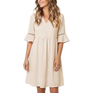 imageEVALESS Summer Dresses for Women 2026 Casual V Neck Spring Dress Ruffle Short Sleeve Hollow Out Mini Dress A Line DressesBeige