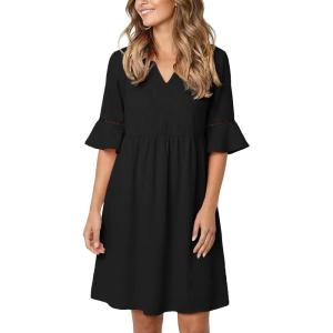 imageEVALESS Summer Dresses for Women 2026 Casual V Neck Spring Dress Ruffle Short Sleeve Hollow Out Mini Dress A Line DressesBlack
