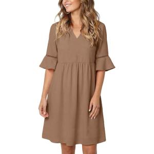 imageEVALESS Summer Dresses for Women 2026 Casual V Neck Spring Dress Ruffle Short Sleeve Hollow Out Mini Dress A Line DressesKhaki
