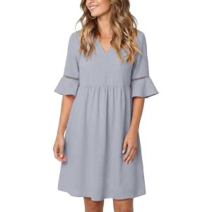 imageEVALESS Summer Dresses for Women 2026 Casual V Neck Spring Dress Ruffle Short Sleeve Hollow Out Mini Dress A Line DressesLight Blue