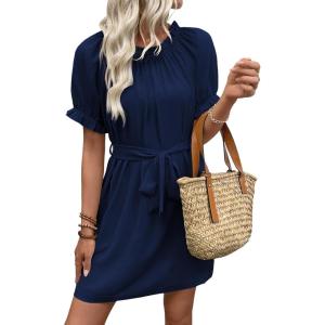 imageEVALESS Womens Spring Summer Dresses 2026 Casual Off The Shoulder Ruffle Short Sleeve Fashion Beach Vacation Clothes DressesNavy Blue