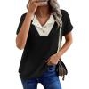 imageEVALESS Spring Summer Tops for Women Casual Short Sleeve T Shirts V Neck Henley Shirts Patchwork Button Up Knit Pullover TopsBlack