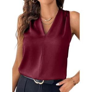 imageEVALESS Womens Pleated V Neck Sleeveless Tank TopBurgundy