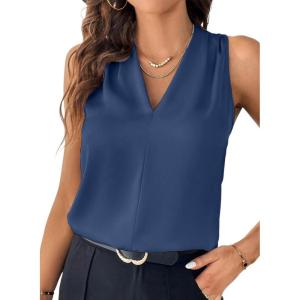 imageEVALESS Womens Pleated V Neck Sleeveless Tank TopDirty Blue