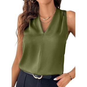imageEVALESS Womens Pleated V Neck Sleeveless Tank TopFern Green