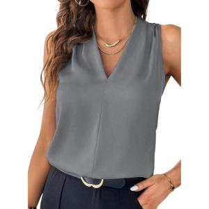 imageEVALESS Womens Pleated V Neck Sleeveless Tank TopMedium Grey