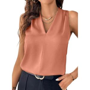 imageEVALESS Womens Pleated V Neck Sleeveless Tank TopTawny