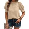image:imageEVALESS Womens Tops Blouses for Women Dressy Casual Waffle Frill Trim Eyelet Embroidery Mock Neck Puff Sleeves ShirtsApricot