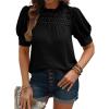 image:imageEVALESS Womens Tops Blouses for Women Dressy Casual Waffle Frill Trim Eyelet Embroidery Mock Neck Puff Sleeves ShirtsBlack