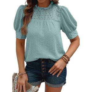 image:imageEVALESS Womens Tops Blouses for Women Dressy Casual Waffle Frill Trim Eyelet Embroidery Mock Neck Puff Sleeves ShirtsBlue