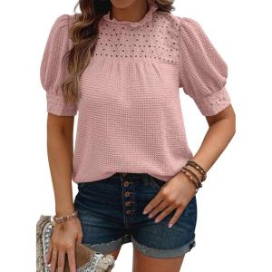 image:imageEVALESS Womens Tops Blouses for Women Dressy Casual Waffle Frill Trim Eyelet Embroidery Mock Neck Puff Sleeves ShirtsPink