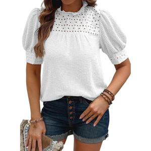 image:imageEVALESS Womens Tops Blouses for Women Dressy Casual Waffle Frill Trim Eyelet Embroidery Mock Neck Puff Sleeves ShirtsWhite