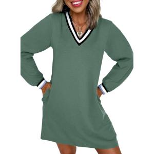 image:imageEVALESS Womens Dresses 2025 Fall V Neck Long Sleeve Casual Tshirt Dress Spring Contrast Striped Sweatshirt Dress Vacation Clothes with PocketsGreen Bay Medium