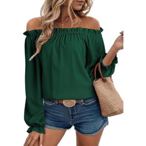 image:imageEVALESS Womens Tops Off The Shoulder Blouses for Women Dressy Casual Cute Puff Sleeve T Shirts Fashion 2026Blackish Green