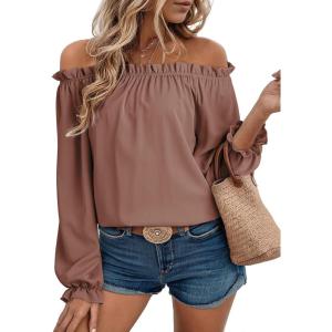 image:imageEVALESS Womens Tops Off The Shoulder Blouses for Women Dressy Casual Cute Puff Sleeve T Shirts Fashion 2026Dark Khaki