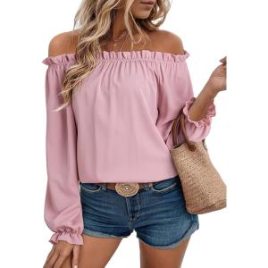 image:imageEVALESS Womens Tops Off The Shoulder Blouses for Women Dressy Casual Cute Puff Sleeve T Shirts Fashion 2026Light Pink